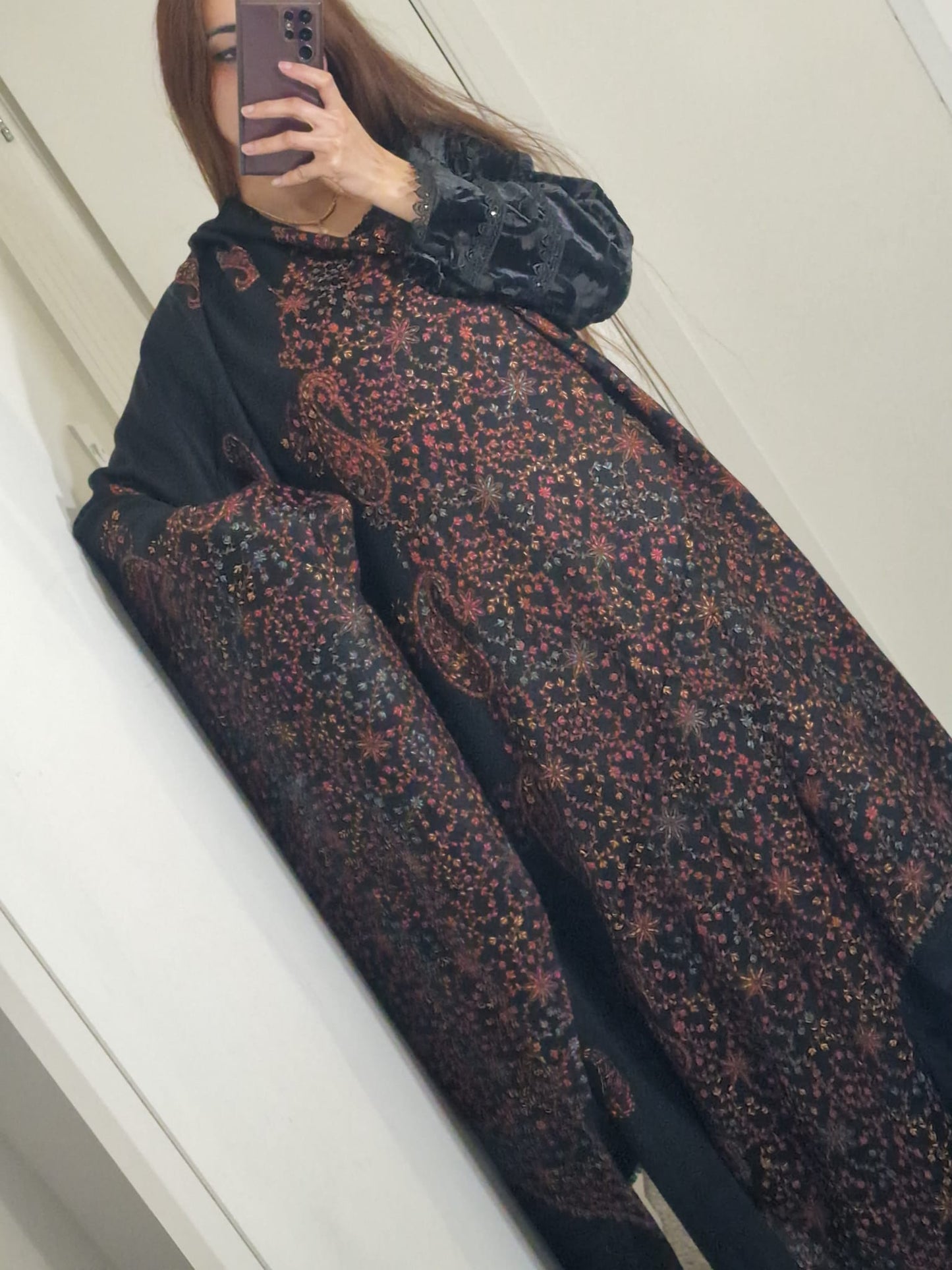 Pahmina Embroidered Wool Shawl SHAWL-BLK02