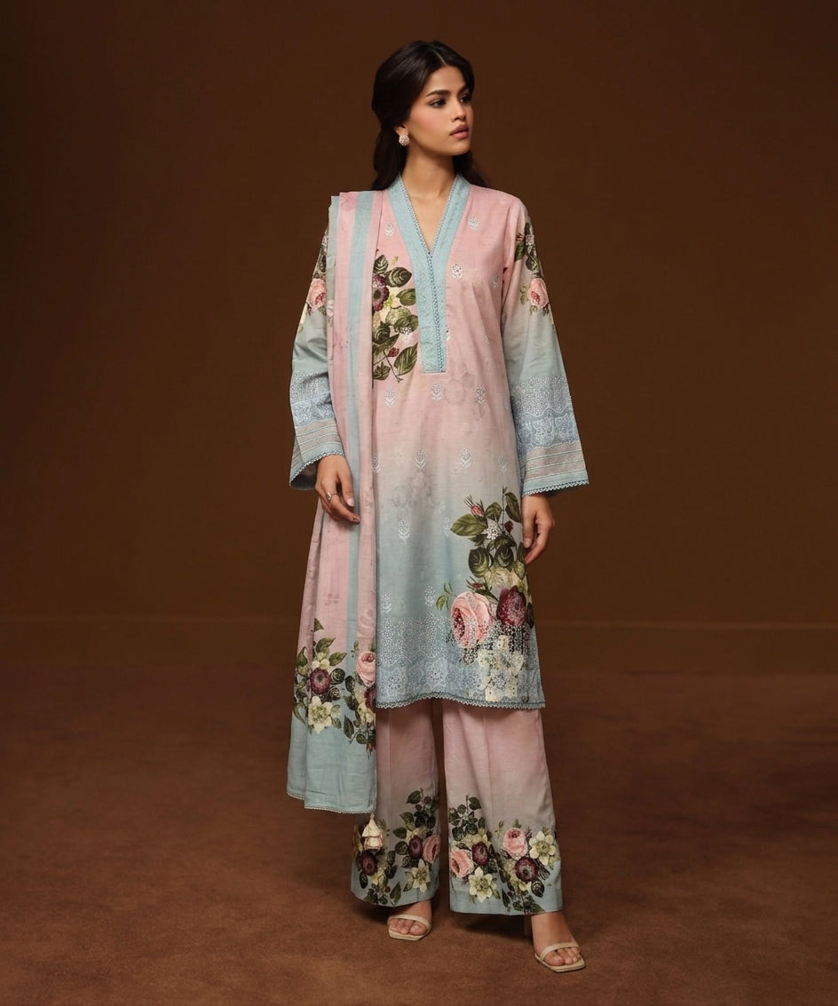 Uznau Embroidered Lawn Three Piece Suit UZ-LWN-PNK023