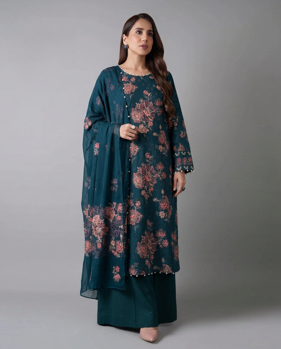 Uznau Embroidered Lawn Three Piece Suit UZ-LWN-GR016
