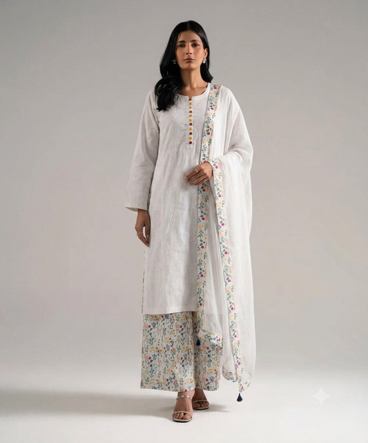 Uznau Embroidered Lawn Three Piece Suit UZ-LWN-WHT022