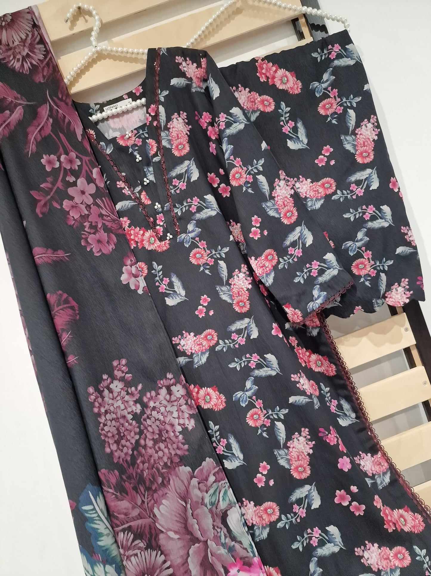 Uznau Soft Slub Khaddar Three Piece Suit UZ-KHD-BLK02