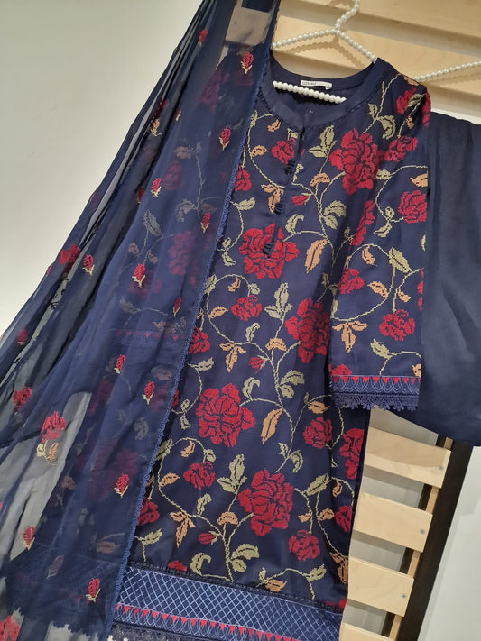 Uznau Embroided Kranadi Three Piece Suit  UZ-KR-EMBBLU01