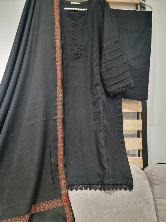 Slub Linen Three Piece Suit With Shawl UZ-PSH-BLK01