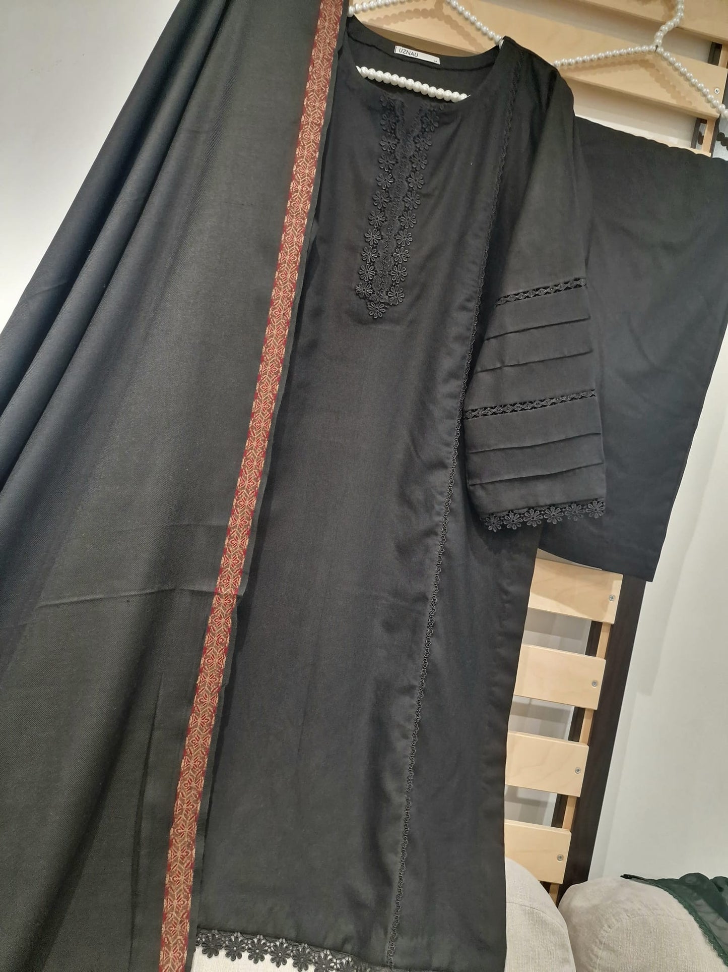 Slub Linen Three Piece Suit With Shawl UZ-PSH-BLK01