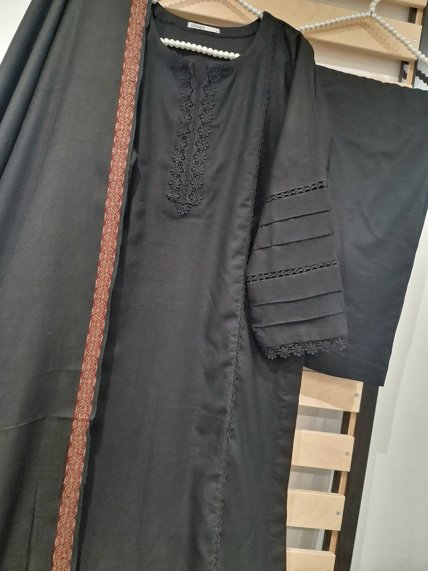 Slub Linen Three Piece Suit With Shawl UZ-PSH-BLK01