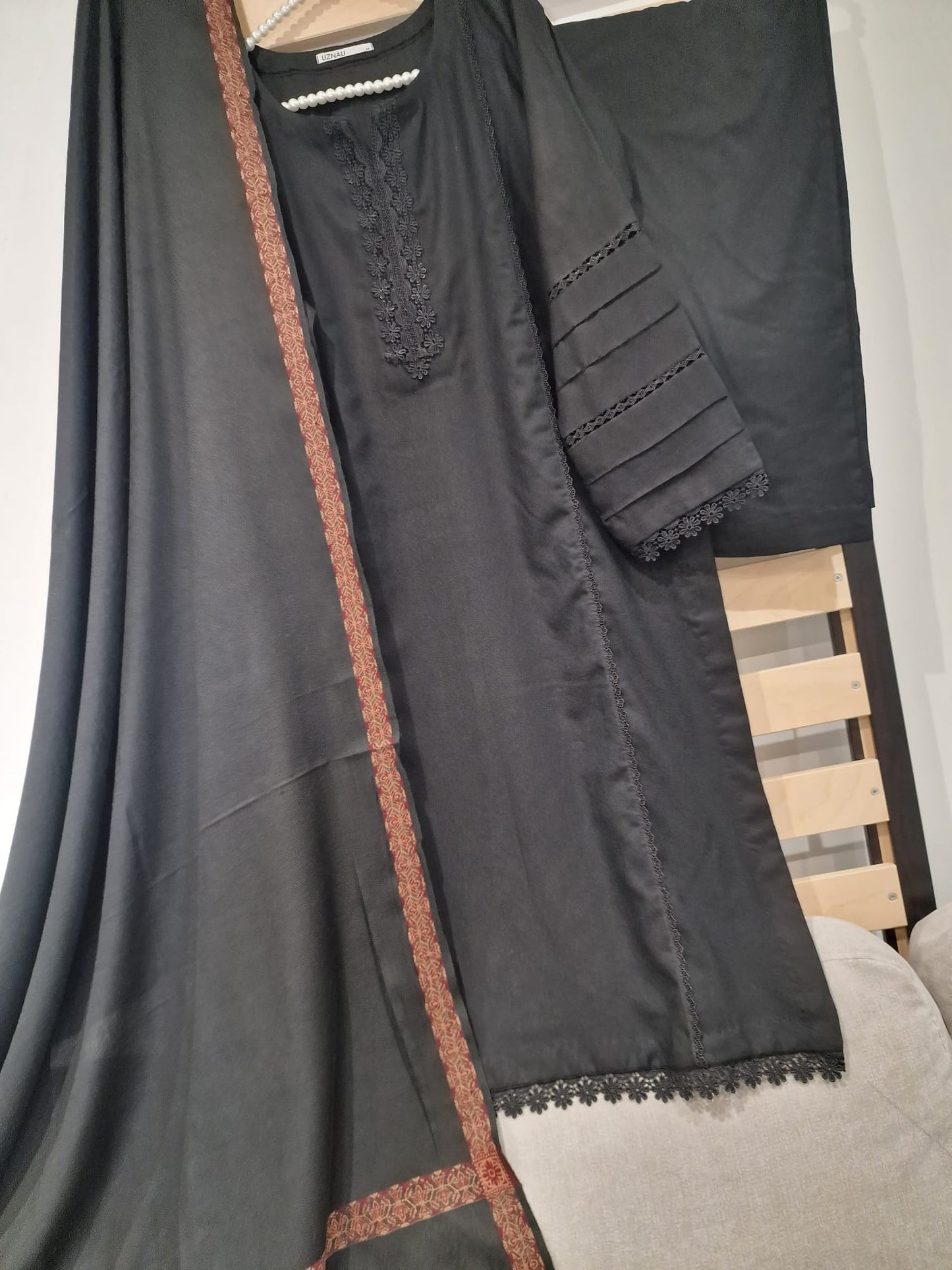 Slub Linen Three Piece Suit With Shawl UZ-PSH-BLK01