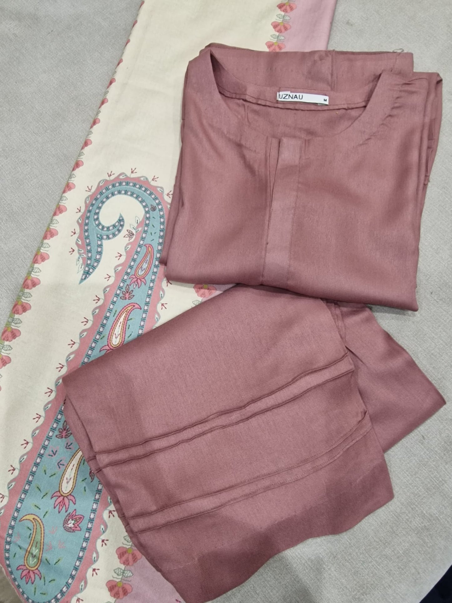 Uznau Marina Linen Three Piece Suit With Shawl UZ-WL-PNK01