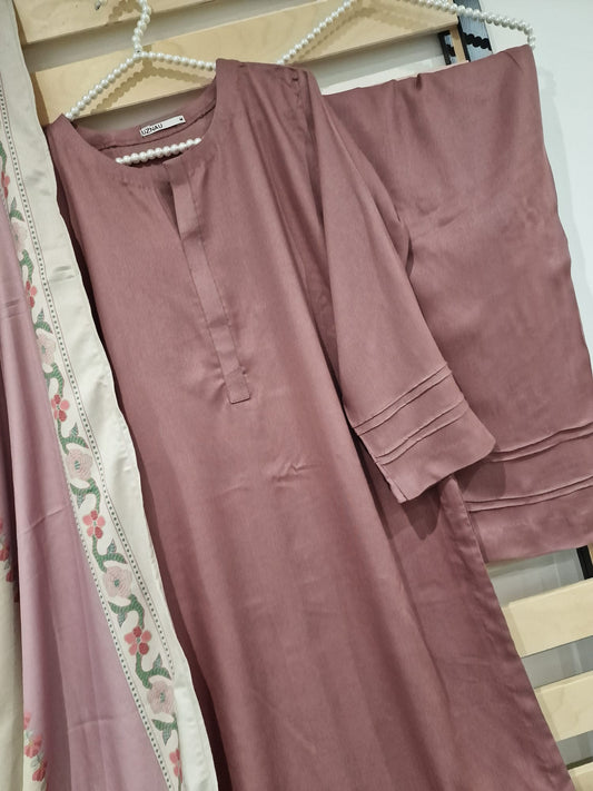 Uznau Marina Linen Three Piece Suit With Shawl UZ-WL-PNK01