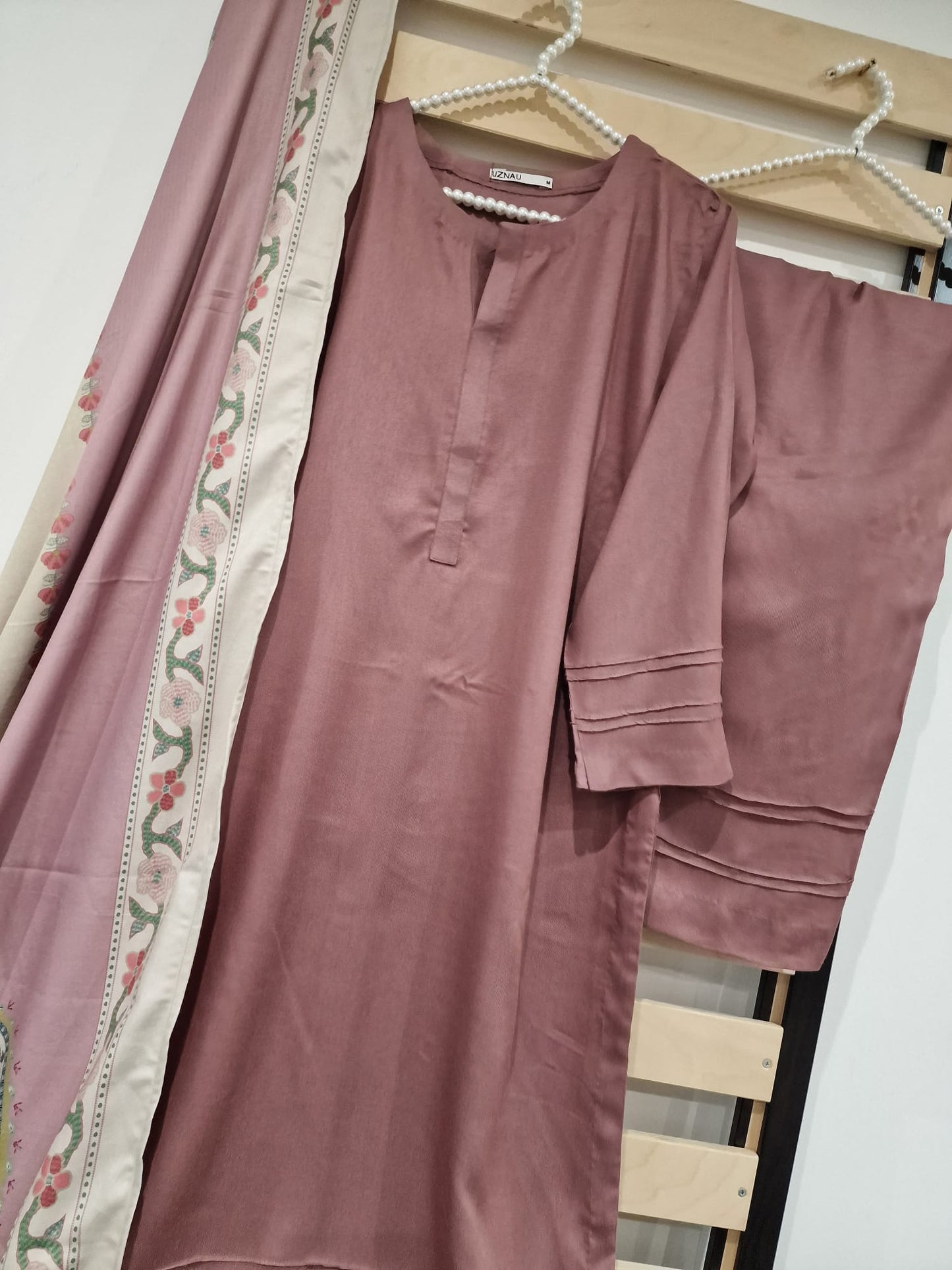 Uznau Marina Linen Three Piece Suit With Shawl UZ-WL-PNK01