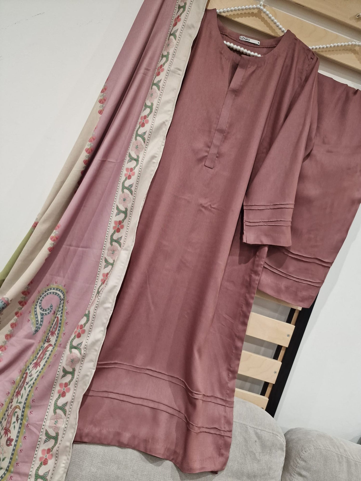 Uznau Marina Linen Three Piece Suit With Shawl UZ-WL-PNK01
