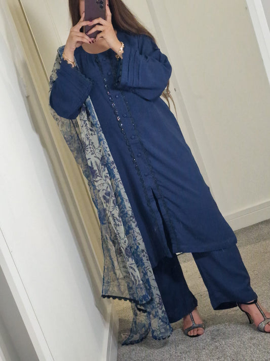 Uznau Linen Three Piece Suit UZ-LNN-BLU015