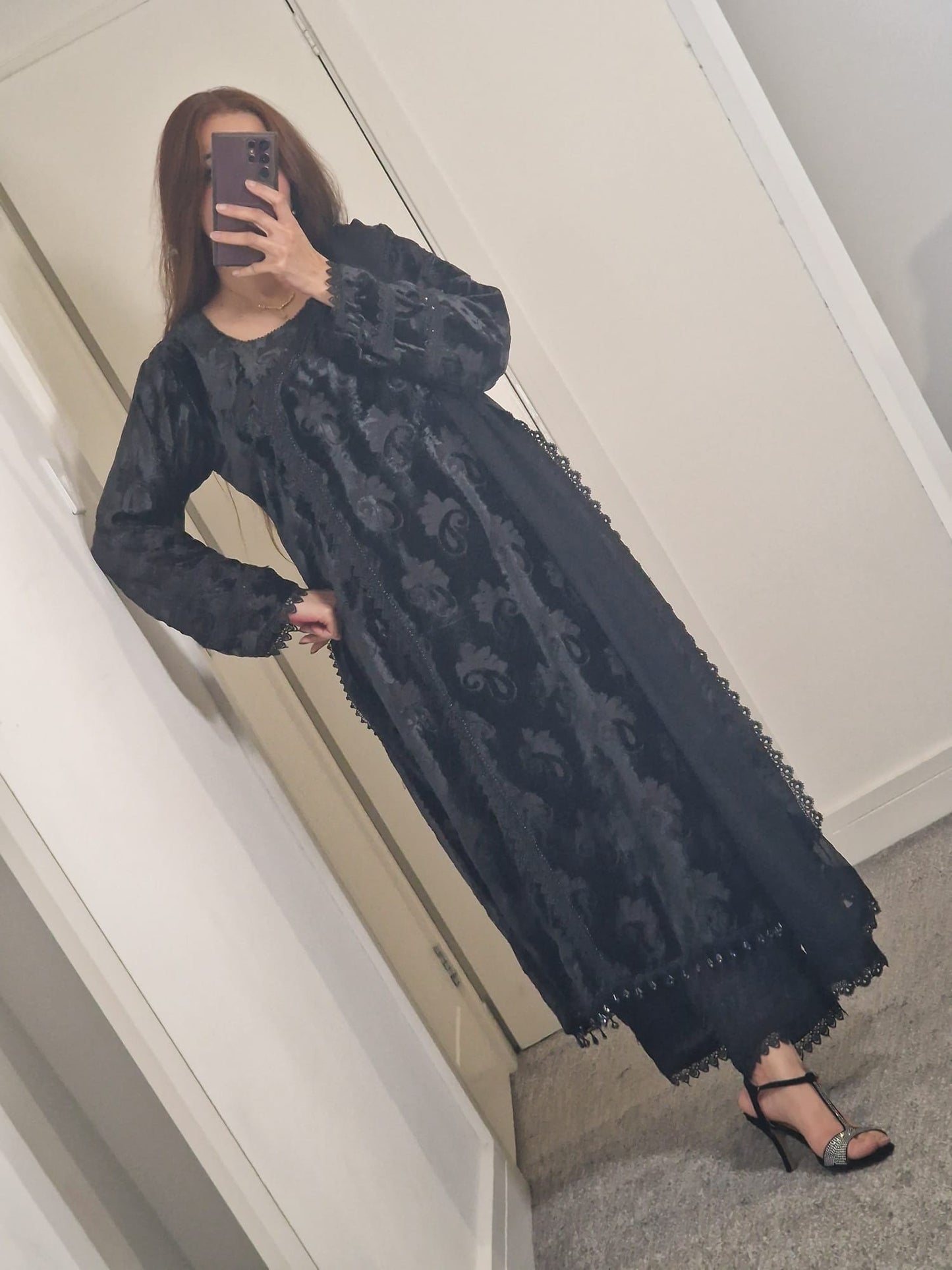 Uznau Palachi Velvet With Raw Silk Trouser And Chiffon Dupatta UZ-VL-BLK01