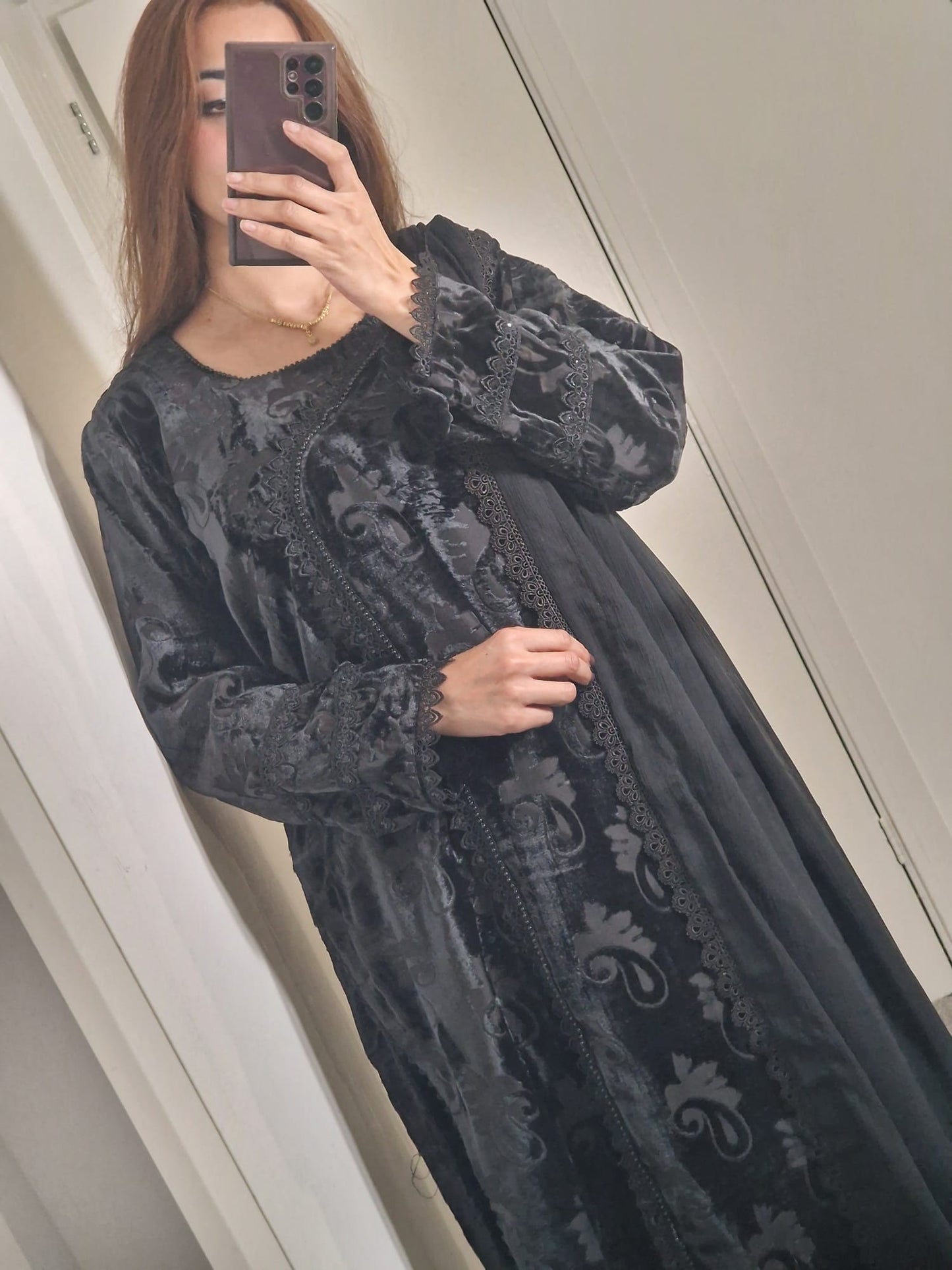 Uznau Palachi Velvet With Raw Silk Trouser And Chiffon Dupatta UZ-VL-BLK01