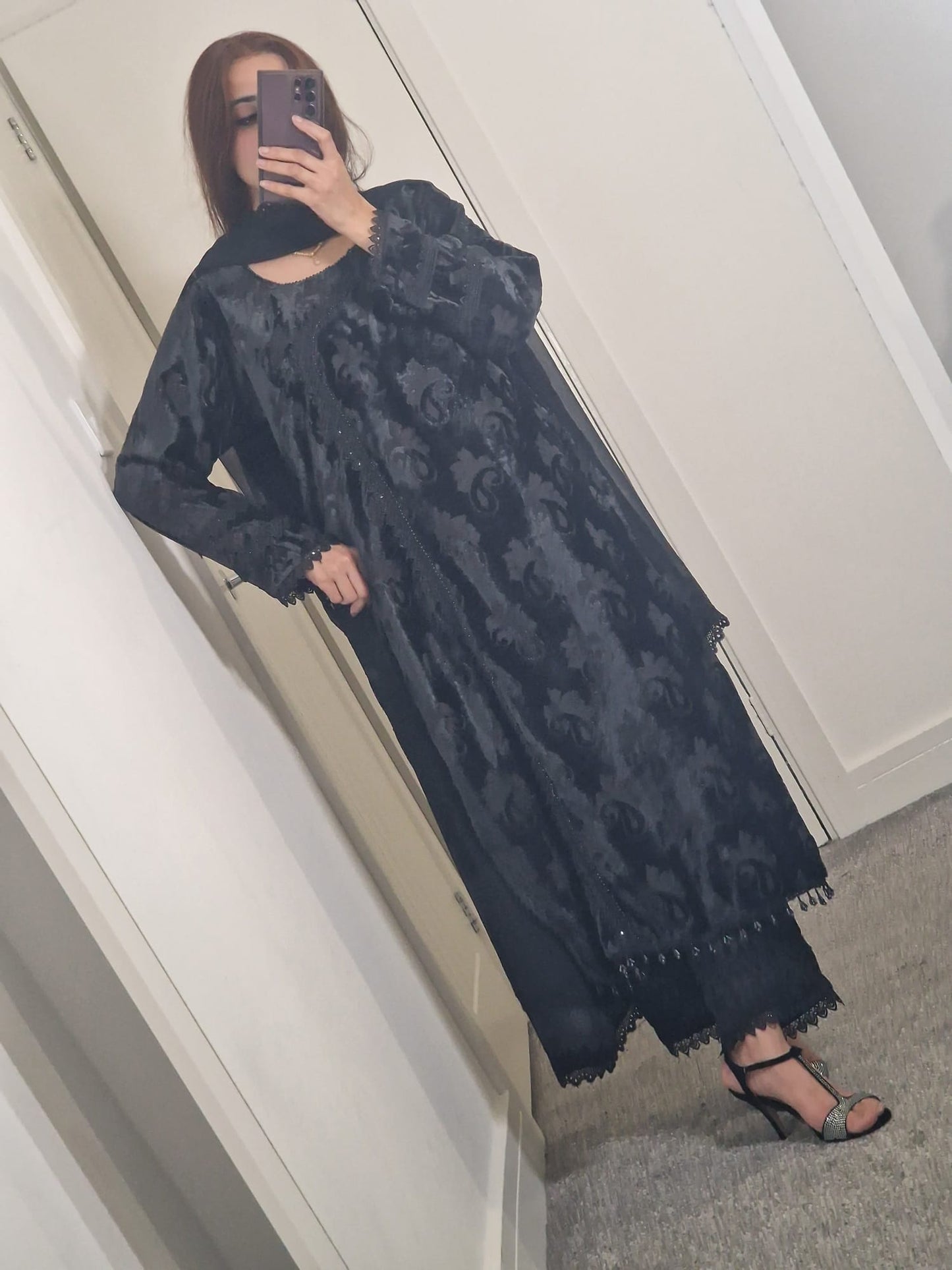 Uznau Palachi Velvet With Raw Silk Trouser And Chiffon Dupatta UZ-VL-BLK01