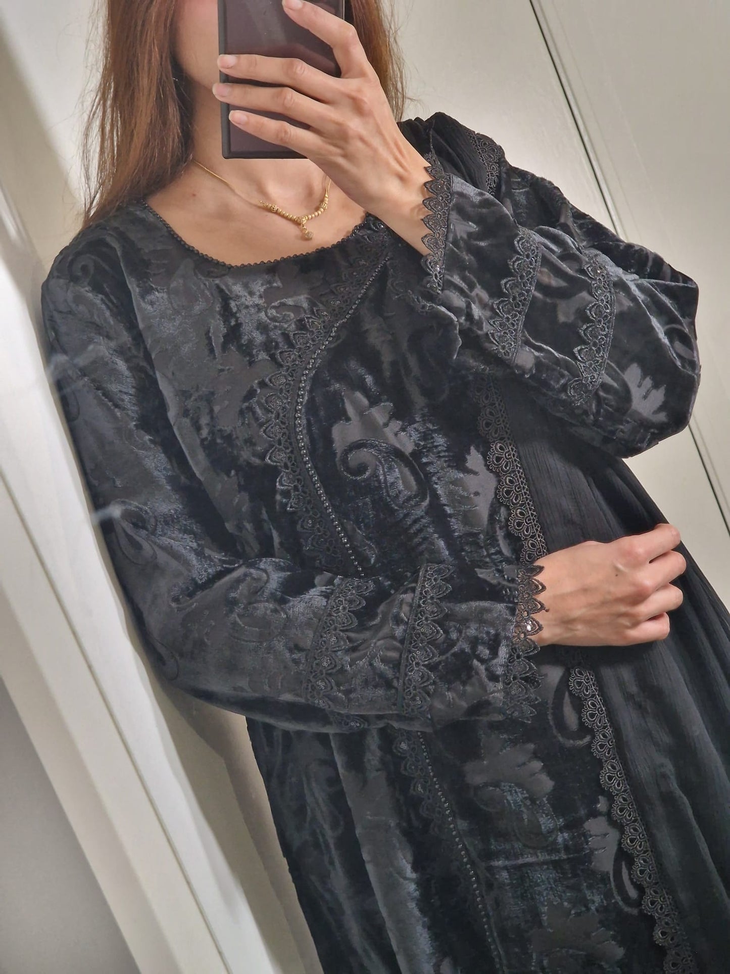 Uznau Palachi Velvet With Raw Silk Trouser And Chiffon Dupatta UZ-VL-BLK01