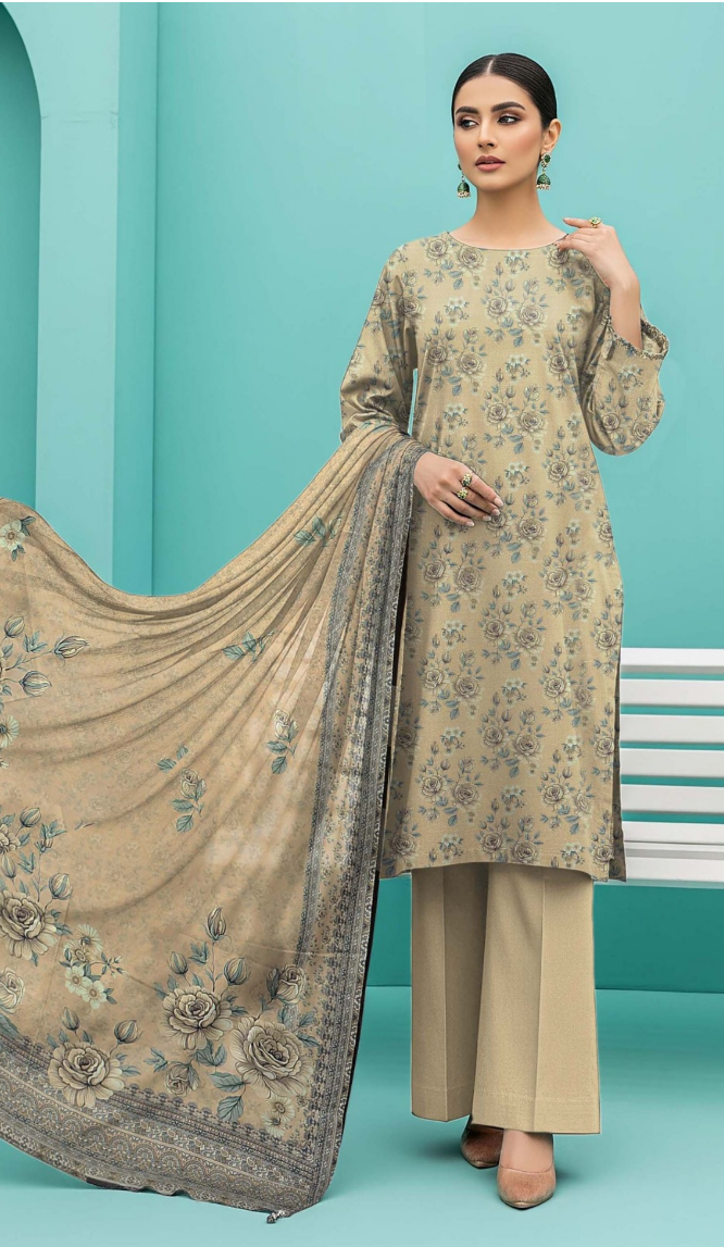 Uznau  Pashmina  Wool Three Piece Suit With Shalwar UZ-WL-GR03