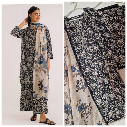 Nishaat Linen Summer Lawn Printed Kameez And Trouser With Voile Dupatta