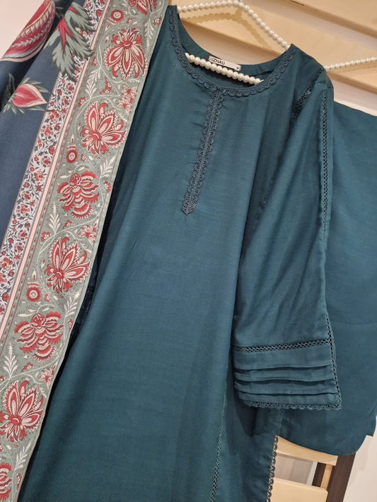 Uznau Slub Linen Three Piece Suit With Shawl UZ-WL-GR01