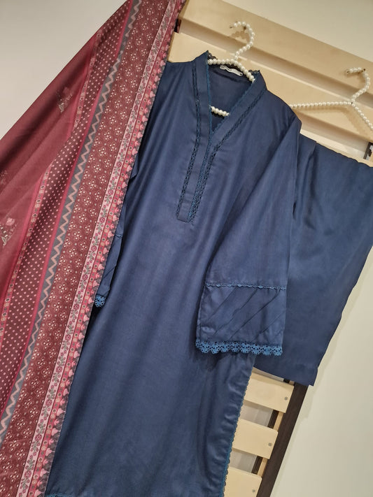 Uznau Marina Linen Three Piece Suit With Shawl UZ-WL-BLU01