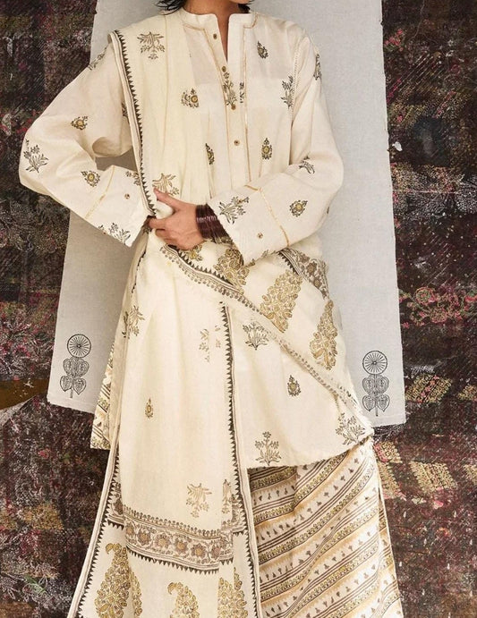 Uznau Lawn Three Piece Suit With Farshi Shalwar UZ-LWN-WHT07
