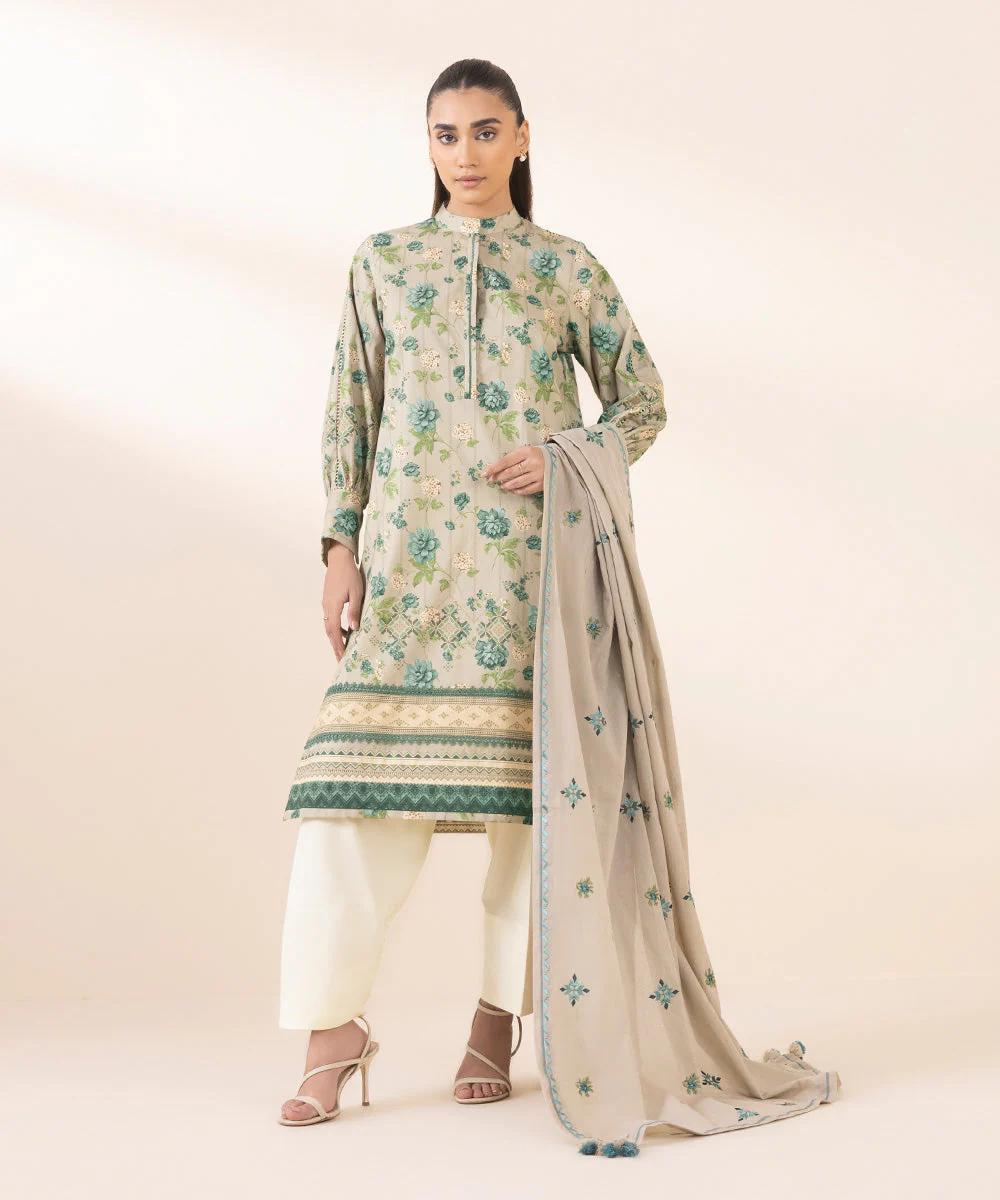 Sapphire Embroided Cotton Three Piece Suit SP-LWN-GR011