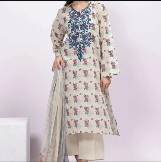 Khaadi Embroided Lawn Three Piece Suit KH-LWN-WHT03