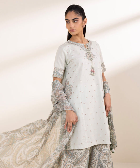 Sapphire Lawn Three Piece Suit With Plazo & Chiffon Dupatta SP-LWN-WHT06