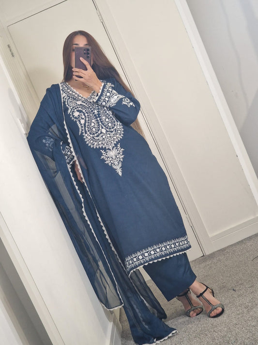 Uznau Embroided Marina Three Piece Suit UZ-MR-BLU02