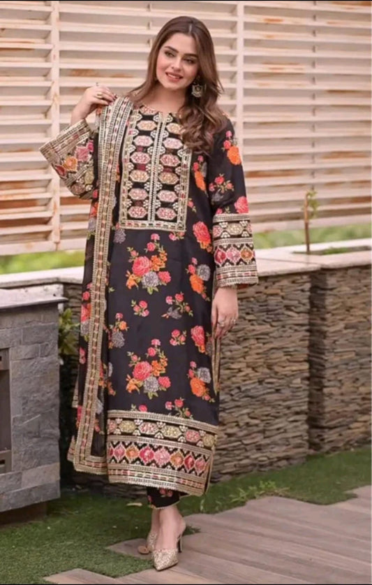 Uznau Viral Aneelas Silk Embroidered Three Piece Suit UZ-SLK-BLK02