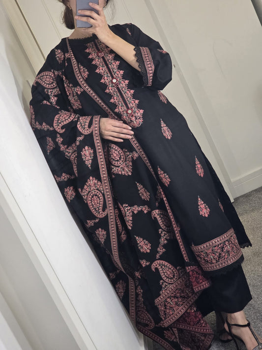 Uznau Embroidered Dhanak Three Piece Suit UZ-DH-BLK012