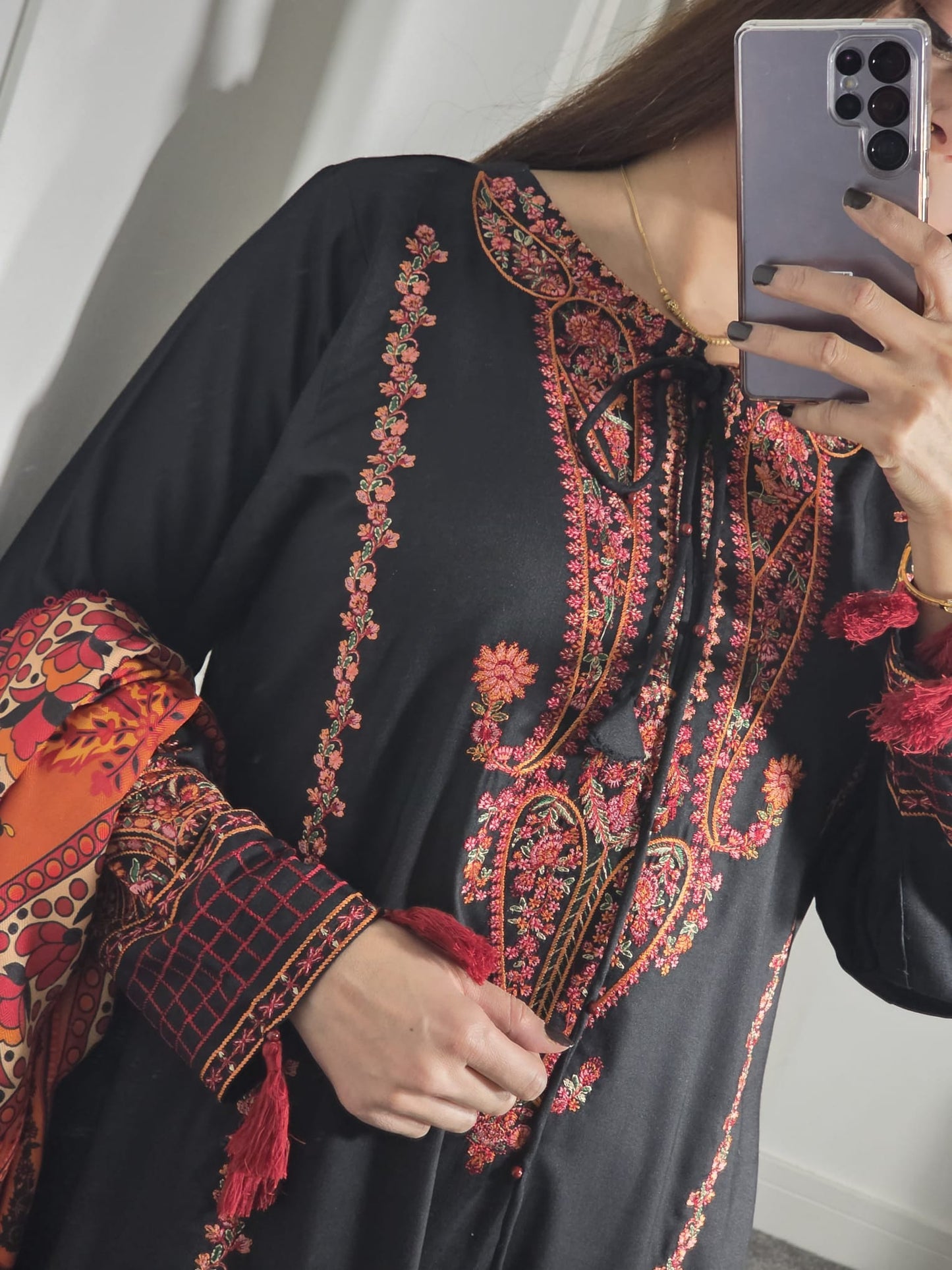 Uznau Embroidered Dhanak Three Piece Suit UZ-DH-BLK013