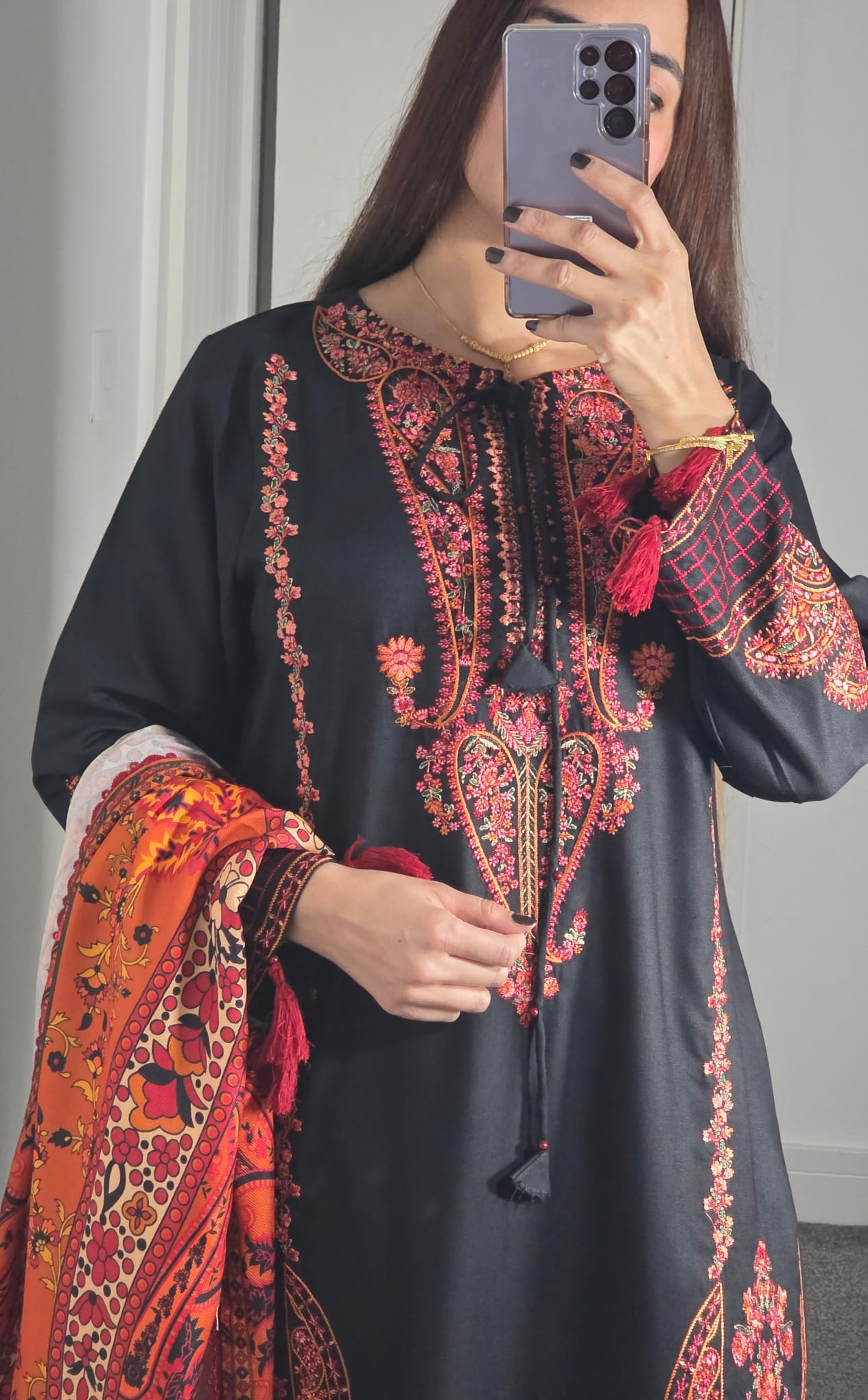 Uznau Embroidered Dhanak Three Piece Suit UZ-DH-BLK013