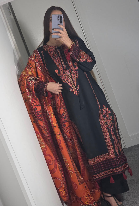 Uznau Embroidered Dhanak Three Piece Suit UZ-DH-BLK013