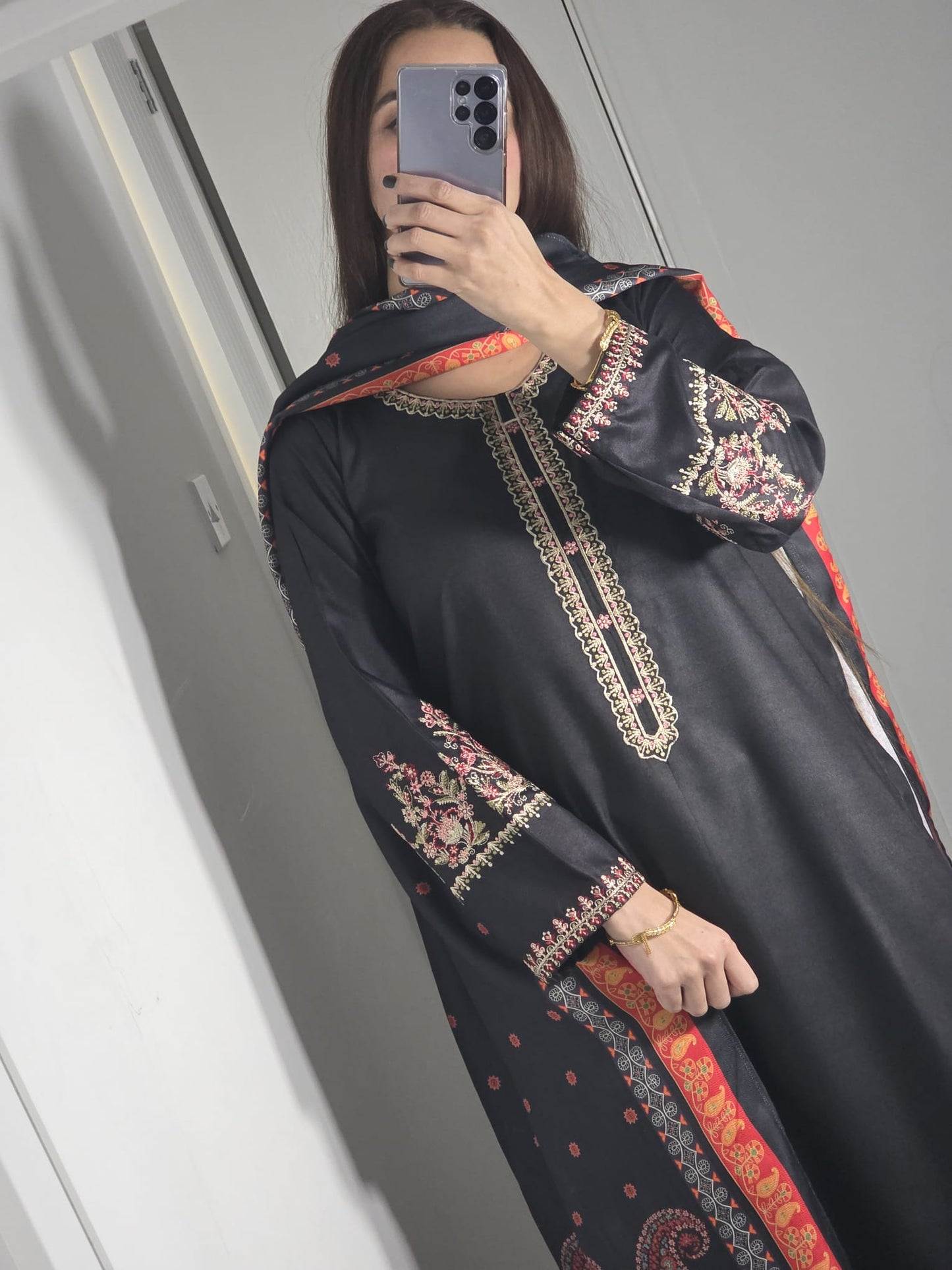 Uznau Embroidered Dhanak Three Piece Suit UZ-DH-BLK014