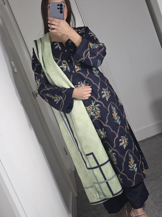 Uznau Embroidered Dhanak Three Piece Suit UZ-DH-BLK015