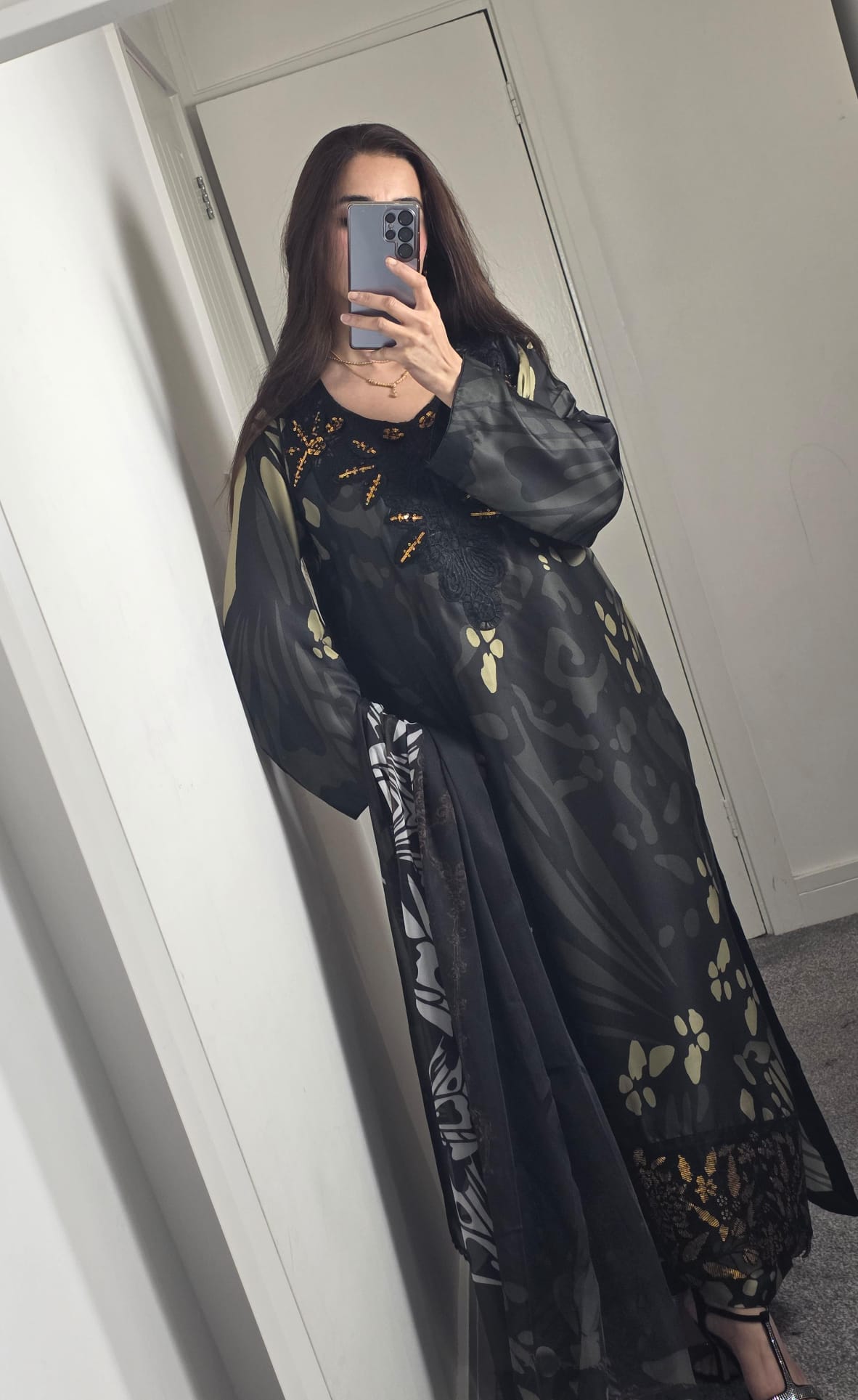 Uznau Embroidered Silk Three Piece Suit UZ-SLK-BLK03