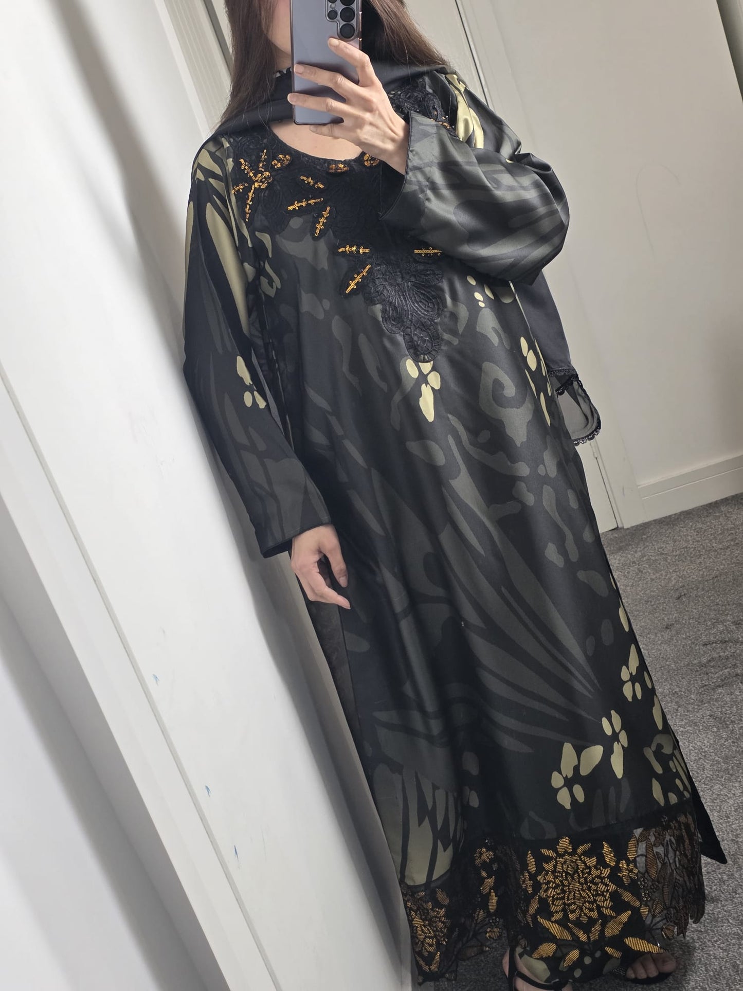 Uznau Embroidered Silk Three Piece Suit UZ-SLK-BLK03