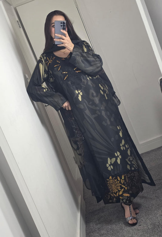 Uznau Embroidered Silk Three Piece Suit UZ-SLK-BLK03