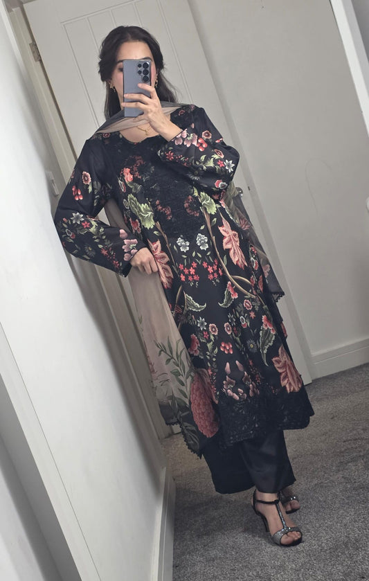 Uznau Embroidered Silk Three Piece Suit UZ-SLK-BLK04
