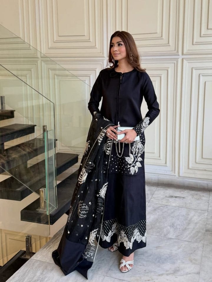 Uznau Embroidered Cotton Three Piece Suit UZ-CT-BLK02