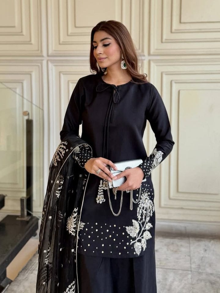 Uznau Embroidered Cotton Three Piece Suit UZ-CT-BLK02