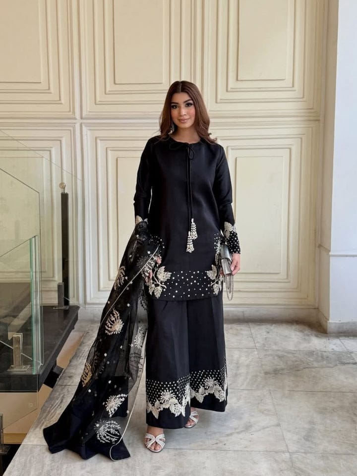 Uznau Embroidered Cotton Three Piece Suit UZ-CT-BLK02