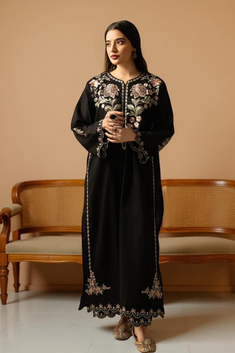 Uznau Embroidered Linen Three Piece Suit UZ-LNN-BLK041