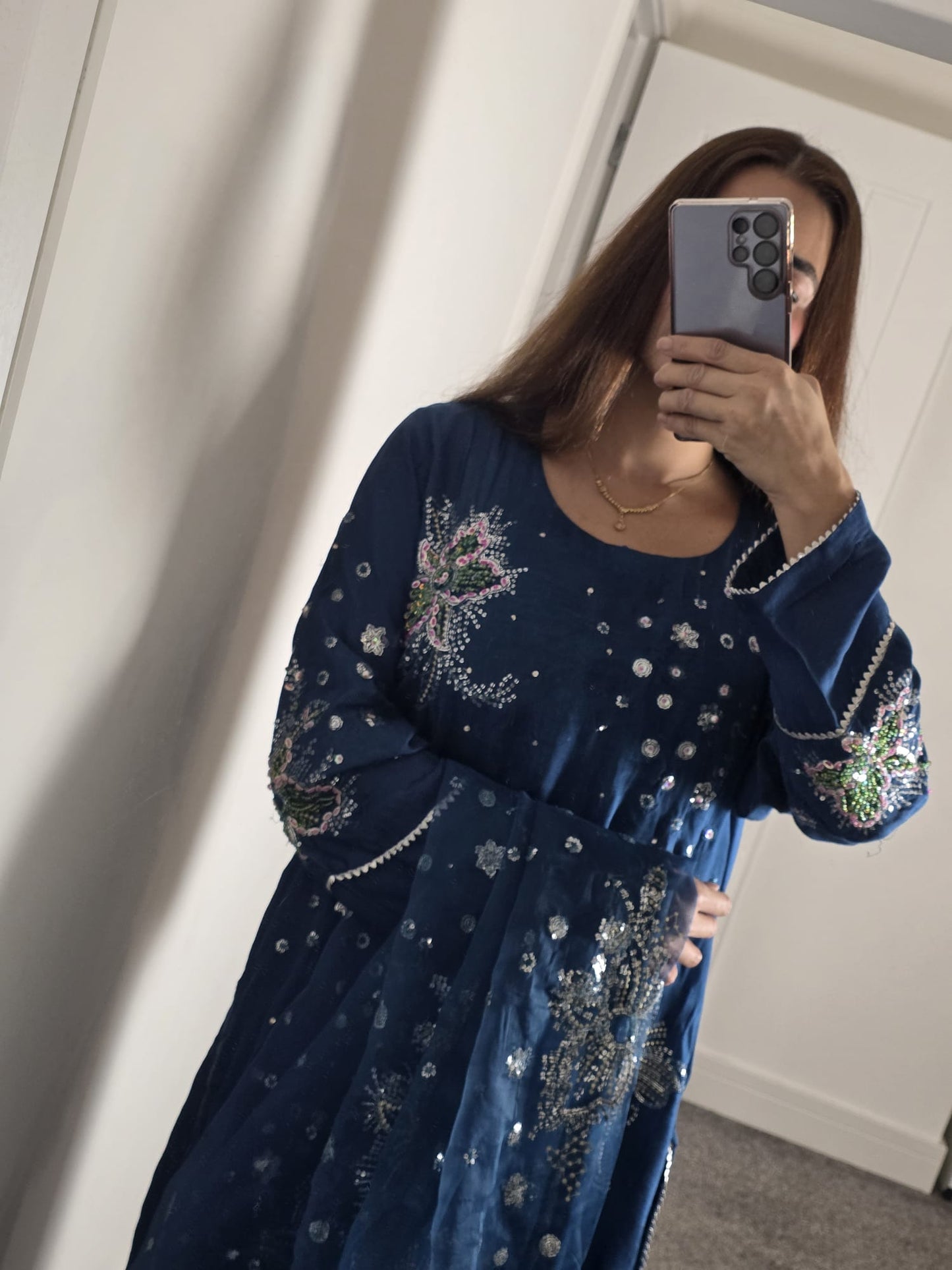 Uznau Embroidered Silk Three Piece Suit UZ-SLK-BLU01