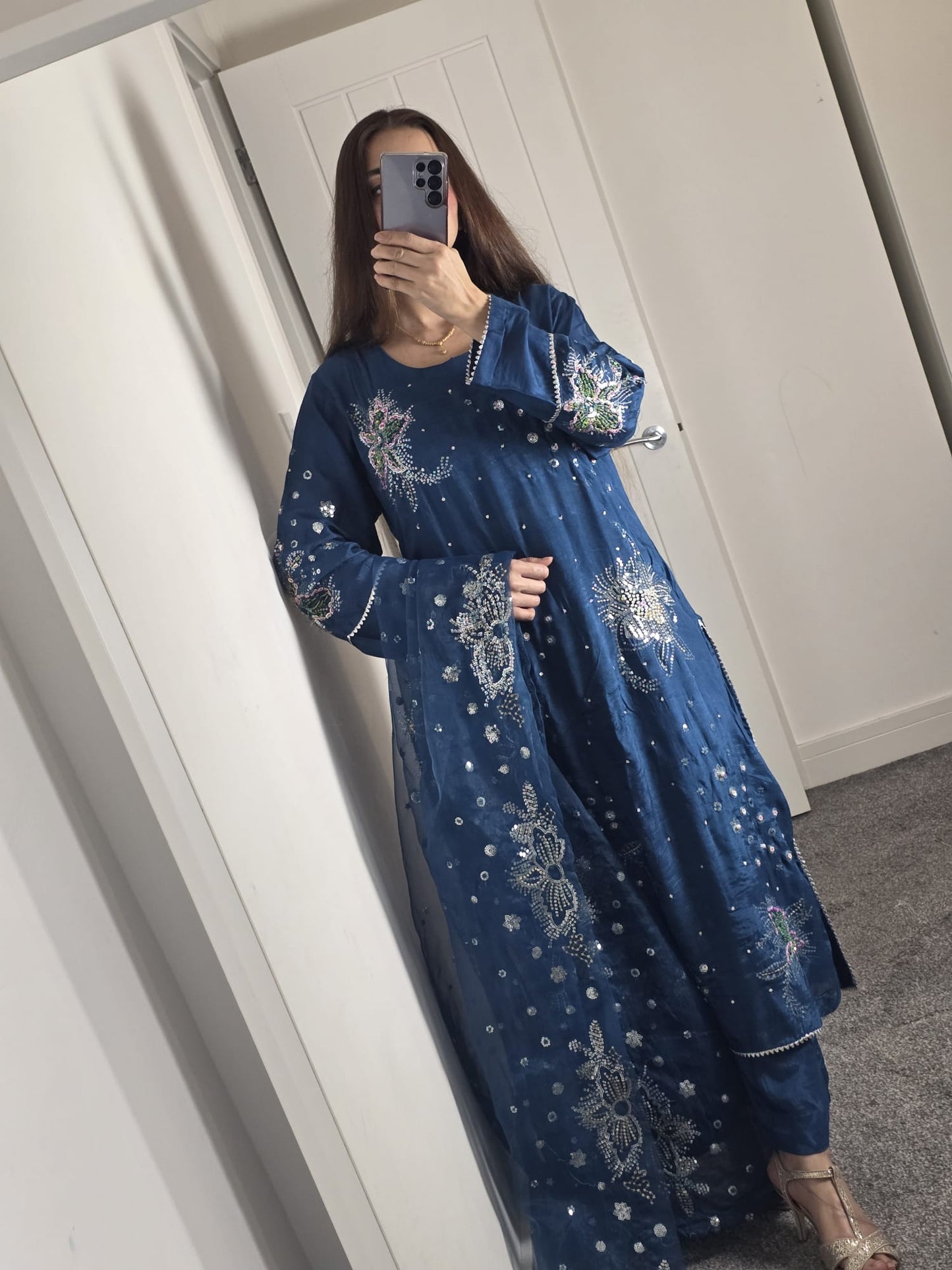Uznau Embroidered Silk Three Piece Suit UZ-SLK-BLU01