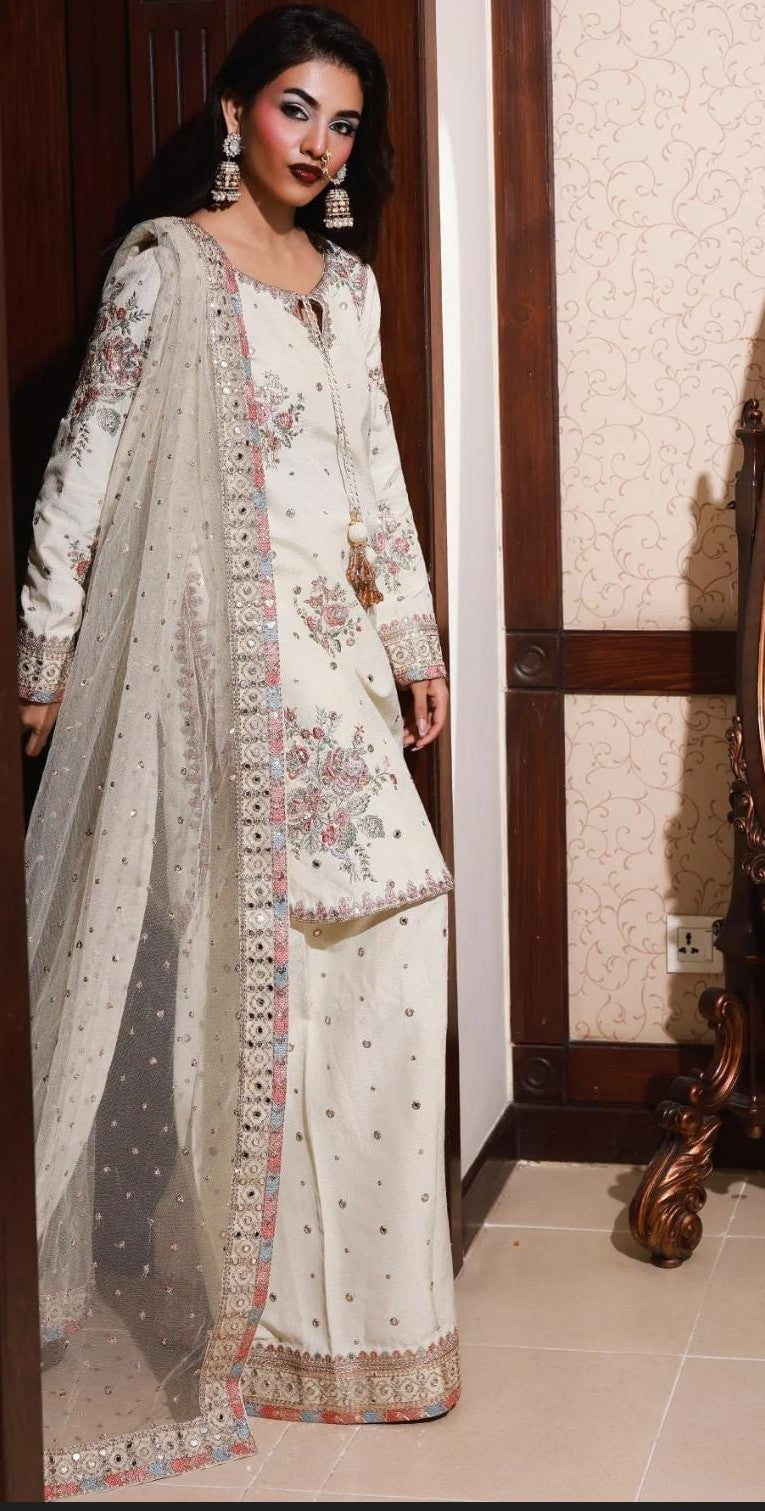 Uznau Embroidered Silk Three Piece Suit UZ-SLK-WHT01