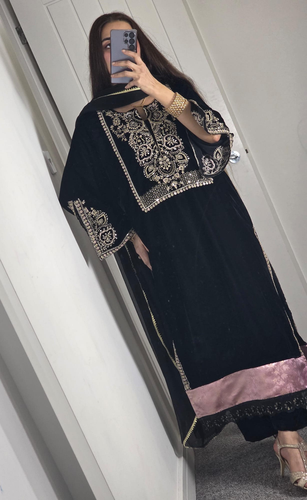 Uznau Embroidered Velvet Three Piece Suit UZ-VL-BLK03