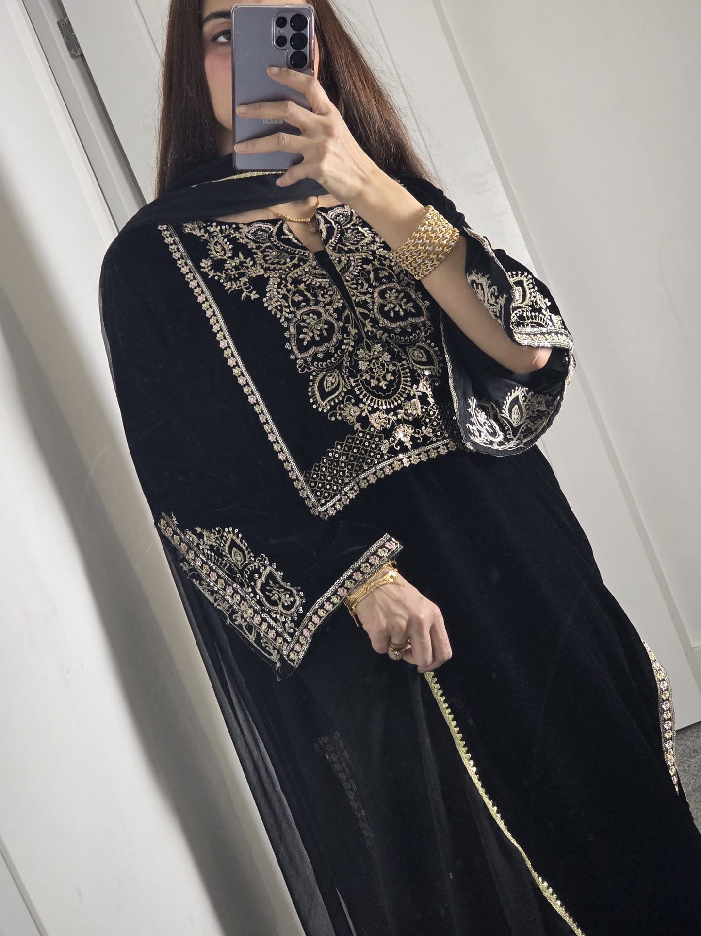 Uznau Embroidered Velvet Three Piece Suit UZ-VL-BLK03