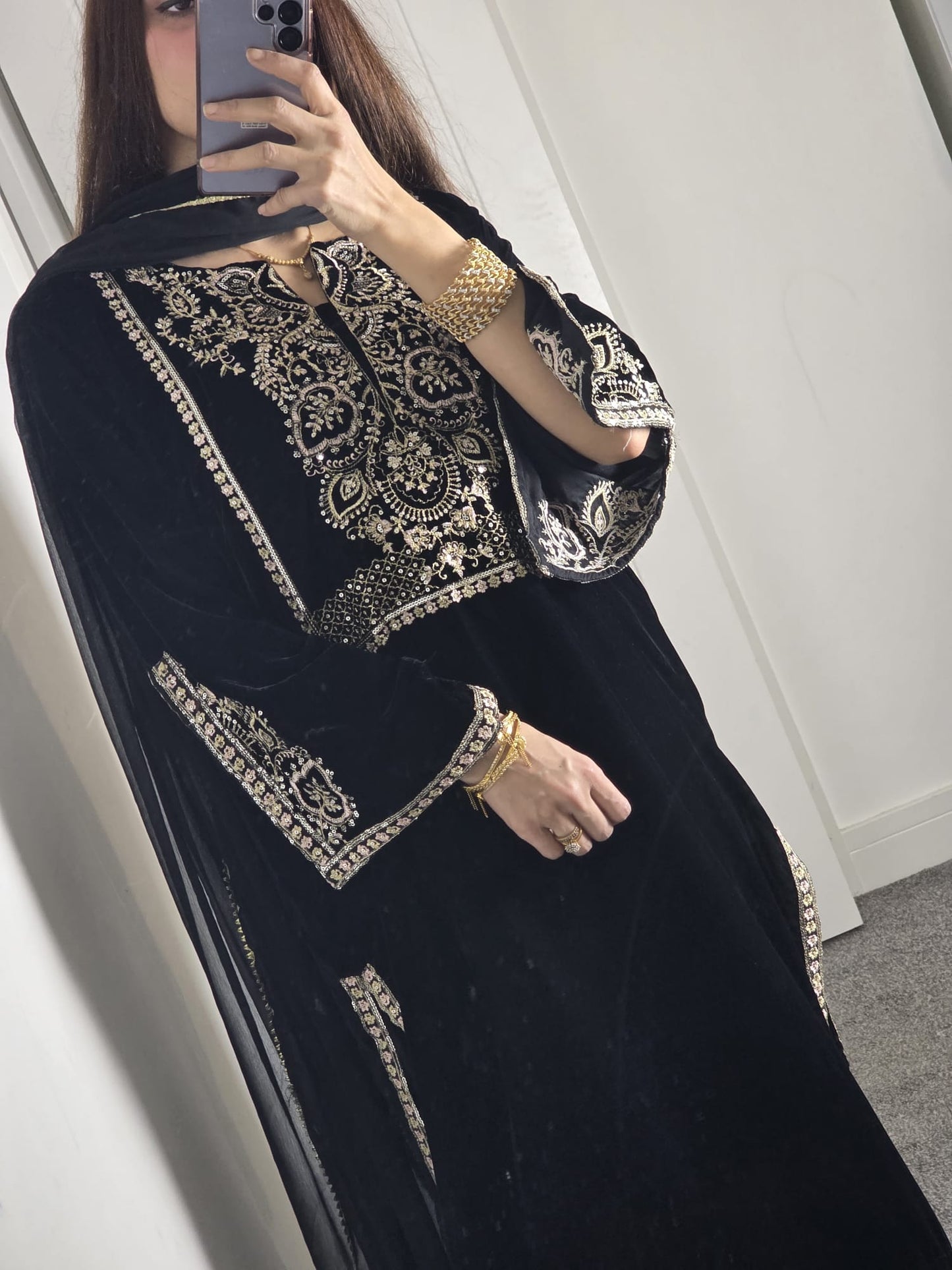 Uznau Embroidered Velvet Three Piece Suit UZ-VL-BLK03