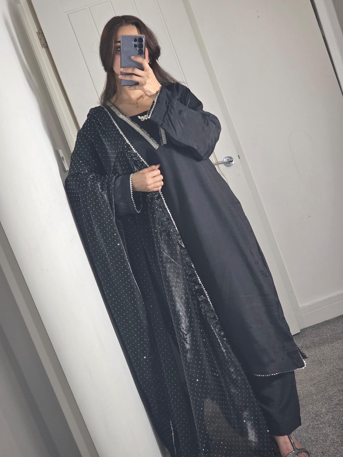 Uznau Grip Silk Three Piece Suit With Sheesha Silk Duppata UZ-SLK-BLK07